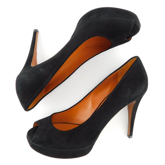 GUCCI Black Suede Leather Peep Toe Platform Heel Pumps 38.5 - Picture 5 of 11